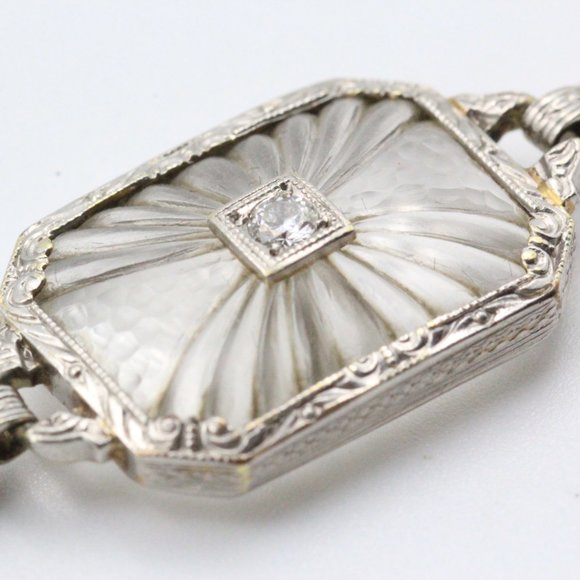 Antique Art Deco Platinum Diamond 14K Gold Frosted Rock Quartz Crystal Bracelet - Picture 4 of 16